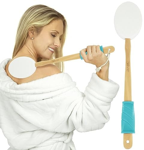 Vive Lotion Applicator for Your Back - Long Reach Handle with Sponge for Easy Self Application of Back Tanner, Sun Cream - Shower Bath Body Wash Brush, Suntan, Tanning, Aloe - Men, Women