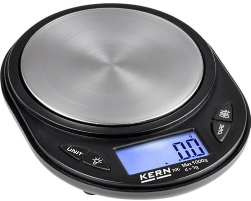 KERN Taschenwaage TGC 1K-3S05 (Wägebereich max. 1000 g, Wägeplatte Edelstahl, Ablesbarkeit 1 g, flache Bauweise, Abdeckung aus Kunststoff)