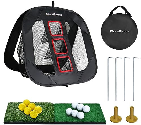 DURARANGE Pop-up Golf Chipping Net Set - Foldable Training Kit with 2 Hitting Mats, 6 Practice Balls, 6 Foam Balls - Ultimate Golf Gift & Target Chipping Aids, Black
