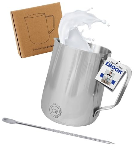 BRAVE ELEPHANT® Milchkännchen Edelstahl 350ml | Rostfreie Milchkanne Edelstahl | Barista Milchkännchen | Milchschaumkännchen inkl. Latte Art Stift | Aufschäumkännchen für Barista (350ml, Silber)