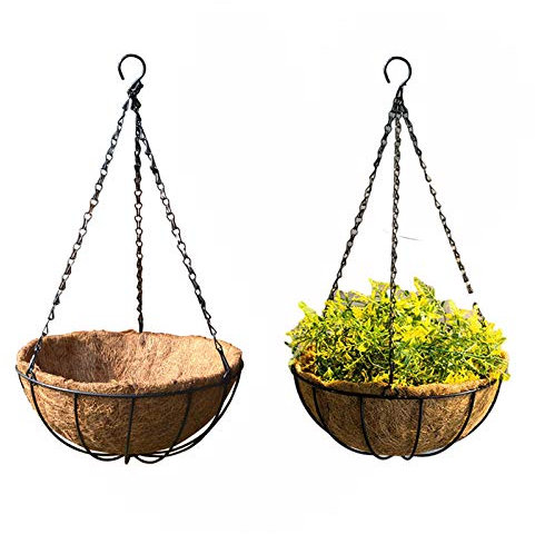 YLSZHY 2 Stück Metall-Hängepflanzkorb, runder Draht, Pflanzenhalter zum Aufhängen, Blumentopf mit Kokosfaser-Auskleidung, Veranda-Dekor für Rasen, Terrasse, Garten, Deck