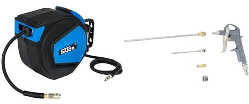 Güde 02882 Automatik Schlauchtrommel 15M (12 Bar max. Arbeitsdruck, 9,5mm Innendurchmesser, 3mm Stärke Wandung) & BGS 3215 | Druckluft-Ausblaspistole | mit 3 Düsen 25-100 - 200 mm