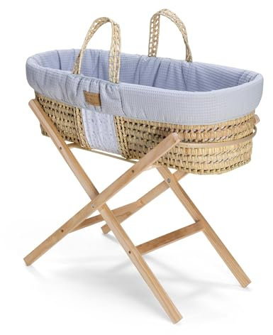 Clair de Lune Reversible Moses Basket Bundle, Includes Organic Palm Basket, Reversible Dressing, Folding Stand, Mattress 75 x 28 cm
