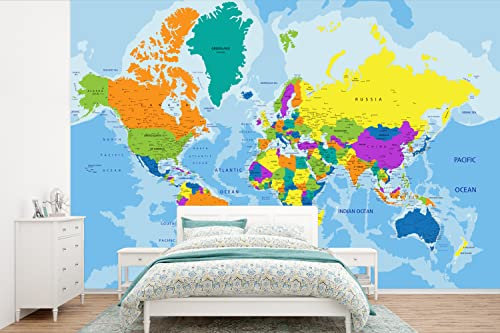 Selbstklebend Tapete Wandpapier Wandaufkleber Fototapete Tapeten Wanddeko 390x260 cm Weltkarte - Farben - Buchstaben - Kinder - Jungen - Mädchen