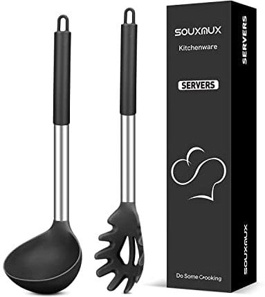 Ensemble de Fourchette à Pâtes et Louche à Soupe en Silicone, Ustensiles de Cuisine Pratiques Antiadhésifs Sans BPA Résistant à la Chaleur Pour Cuisiner, Servir, Égoutter, Remuer