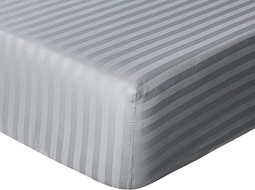 Sleepdown Hotel Quality Fitted Sheet 100% Cotton Satin Stripe Warm Cosy Breathable Super Soft Bedsheet Bed Linen Easy Care 32cm Extra Deep Pockets - Grey - King (5056557514052)