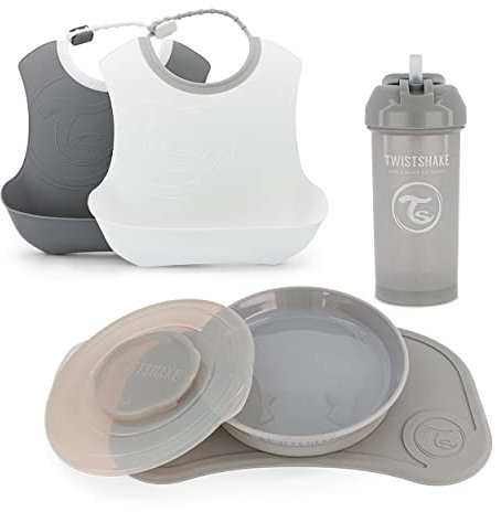 Twistshake Ensemble de Vaisselle pour Bébé - 5 Pièces | 1x Set de Table en Silicone pour Bébé - 1x Assiette Enfant - 2x Bavoirs - 1x Gobelet Paille | Ensemble D'alimentation pour Bébé | 6+ Mois | Gris