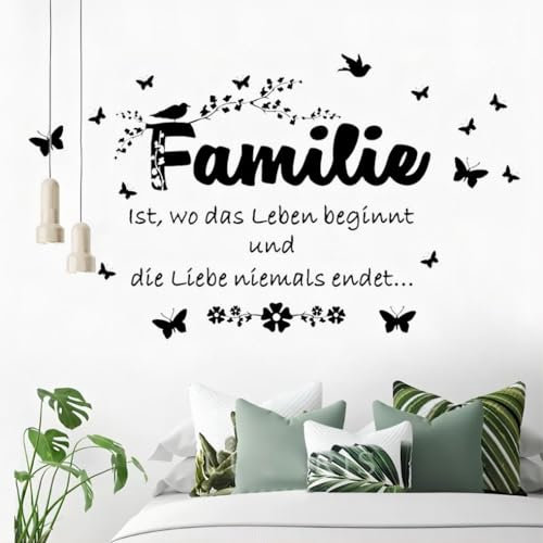 WandSticker4U®- Wandtattoo FAMILIE Spruch schwarz XXL (100x62 cm) I Wandtattoo Sprüche Familie Leben Liebe Blumenranke Schmetterlinge I Wandsticker Sprüche Schlafzimmer Wohnzimmer Küche Flur GROß