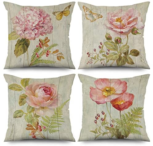 ASDCXZ Blume Kissenbezug 45x45 cm 4er Set, Retro Rose Blume Beige Sofa Kissen Dekokissen Kissenbezüge Kissenhülle Waschbar Polyester Flachs Textil Outdoor Polster Kopfkissenbezug Kissen Bezug