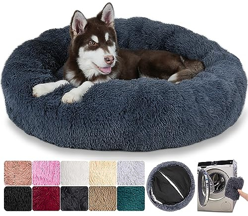 Puppy Love Hundebett, Katzenkorb für Hunde, ausziehbar, beruhigendes Hundekissen, waschbar, bequemes Bett für kleine mittelgroße und große Hunde, weich und flauschig (Ø 110 cm, Dunkelgrau)