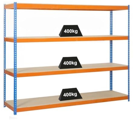 PROREGAL Weitspannregal Wood Yeti Four | HxBxT 200x150x75cm | Fachlast 400kg | Blau-Orange Schwerlastregal Metallregal Kellerregal Werkstattregal Lagerregal