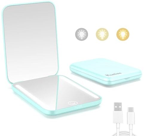 Kintion Miroir de Poche Rechargeable - Compact de Maquillage de Voyage à Grossissement x1/3x, 3 Températures de Couleur, Intensité Variable, 400 mAh, Portable pour Sac