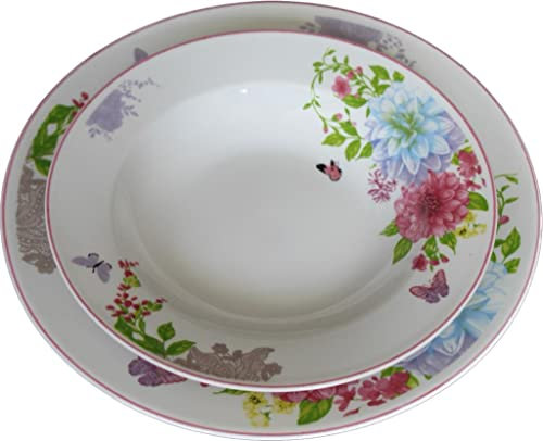 Servizio Di Piatti 33 Pezzi Per 6 Persone Con Tazzine, Insalatiera e Zuccheriera Decoro Farfalle e Fiori Bone China