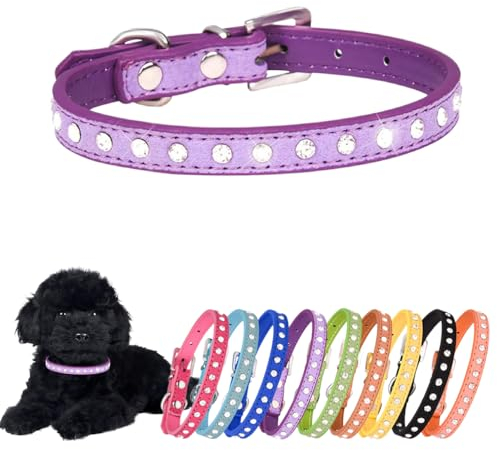 Hotlion Strass-Hundehalsband, süßes Kristalldiamant-Katzenhalsband, weiches Leder, Kätzchen, Welpenhalsbänder, verstellbar, für kleine mittelgroße Hunde, Lila, XS