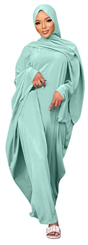 Odizli Gebetskleidung für Frauen Abaya Muslim Damen Muslimische Kleider Gebetskleid Langarm Islamische Namaz Elbisesi Jilbab Khimar Kaftan Ramadan Burka Ganzkörper Lang Robe Hellgrün Haben Hijab F