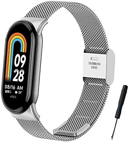 BDIG Correa compatible con Xiaomi Mi Band 10/Mi Band 9/Xiaomi Mi Band 8, pulsera de repuesto de acero inoxidable con hebilla ajustable para Mi Smart Band 10/9/8 Melan Plata (reloj no incluido)