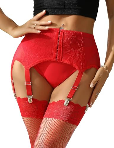 comeondear Sexy Strapsgürtel Breit Damen Strumpfhalter Spitze mit 6 verstellbaren Clips Große Größe Strapsen Dessous Set Reizwäsche für Mollige Frauen Strumpfgürtel Hosenträger(Rot,XL-XXL)