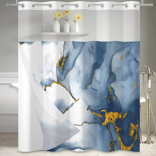 Ttincceer Rideau de Douche sans Crochet Rideau de Douche en marbre Bleu Rideau de Bain Double Couche en marbre de Luxe avec Doublure encliquetable Rideau de Baignoire imperméable 71x74inch