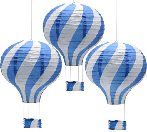 CEEYSEE 3 Stück Hängende Heißluftballon 30cm Bunt Papier Ballon Lampions mit Gondel Falten Papierlaterne für Hochzeit,Party Dekorationen (Blau/RQLNS