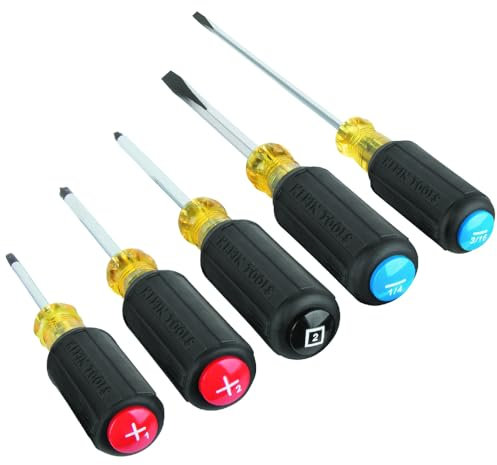 Klein Tools 80031C 5-Piece Color-Coded Screwdriver Set with Precision Tips and Cushion Grip Handles, Made in USA, 2 Slotted, 2 Phillips, 1 Square