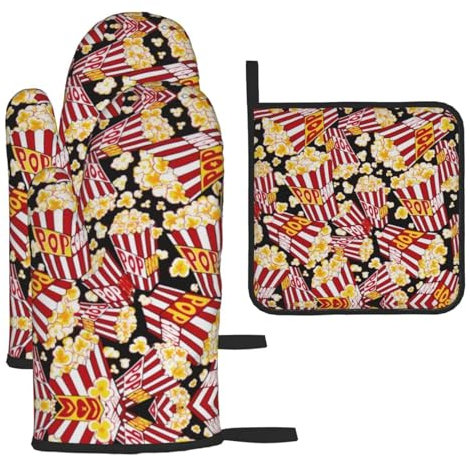 3-teiliges Set mit Ofenhandschuhen mit Popcorn-Aufdruck, zum Grillen, Kochen, Backen