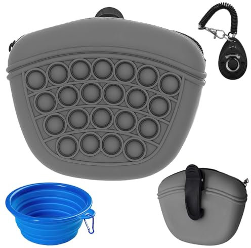 ZOCONE Silicone Dog Treat Pouch for Dog Training, Clip on Portable Dog Training Treat Pouch, Silicone Treat Bags for Dog Training Container with Pet Training Clicker, Collapsible Dog Bowl (Gray)