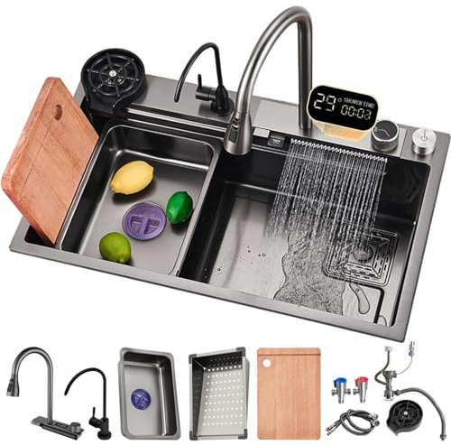 Fregadero de cocina en cascada con pantalla digital, estación de trabajo, fregadero de cocina multifuncional de acero inoxidable 304 (tamaño: 75 cm)