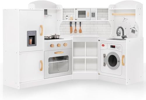 Kids Corner Kitchen Playset, Wooden Play Kitchen with Washing Machine, Range Hood, Ice Maker, Microwave, Oven, Sink, Little Chef Pretend Cooking Toy Set for Toddler (White)