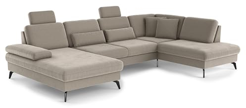 Cavadore Wohnlandschaft Moritz / Sofalandschaft mit Longchair, Bett, Bettkasten, Sitztiefenverstellung, Kopfstützen und mattschwarzen Metallfüßen / 335 x 82-107 x 212 / Mikrofaser, Perlbeige