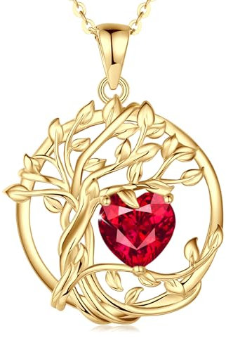 FANCIME Baum des Lebens Juli Geburtstein Halskette Damen Sterling Silber Kette Gelbgold vergoldet Schmuck Rubin Anhänger Rot Edelstein Jahrestag Geburtstag Mütter Tag Geschenke für Frauen Frau Mutter
