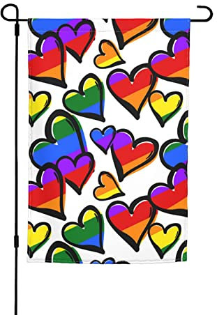 HUHZHZ Regenbogenfarbene Gay-Pride-Herzen, bedruckte Gartenflagge, Terrasse, Rasen, Outdoor, dekorative Flagge, Gartenbanner
