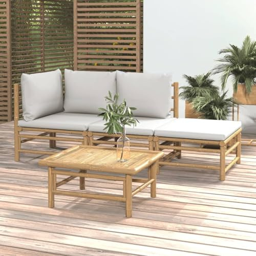 Gecheer Set Salotto da Giardino 4pz con Cuscini Grigio Chiaro bambù,Divani,da Giardino,per Esterno,Salottini,Salotto da Giardino,da Esterno,Divano Modulare,Set da Giardino,3155080