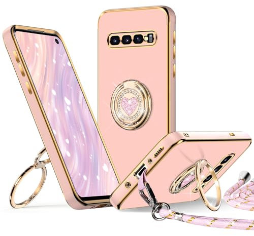 XYZ für Samsung Galaxy S10 Hülle mit Band, Herz Doppelring Ständer HandyHülle Handykette Frauen Mädchen Dünn Stoßfeste Anti-Kratzt SchutzHülle für Samsung S10 Case, Rosa