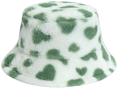 Eigso Winter Grün Warm Pelz Fuzzy Eimer Hut für Frauen Männer Unisex Mode Herz Print Cute Plüsch Eimer Hut für Frau Mann
