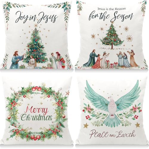 Cirzone Kissenbezug Weihnachten 45x45 cm 4er Set Jesus Weihnachtsbaum Weihnachtskissen Weihnachten Decor Kissen Weihnachtskissenbezug Weihnachtsdeko für Home Sofa Schlafzimmer