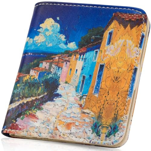 APHISON Damen-Geldbörse, RFID-blockierend, Leder, Reißverschluss, schmal, kompakt, doppelt gefaltet, Geldbörse für Damen, Münzfach, kleine Damengeldbörse mit Ausweisfenster, B7-seaside Town, Casual