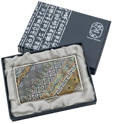 February Mountain Perlmutt-Visitenkartenetui – Korea Geschenk, schlankes Metall-Etui für Kreditkarten & Visitenkarten, RFID-Schutz (Black and Gold Geometric Design)