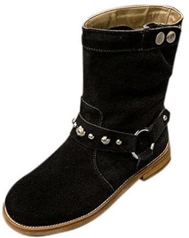 Generico Stivaletti Donna Donna Stivali Donna Traforati Stivali da Donna con Tacco Basso in Pelle Scamosciata Primavera e Autunno Inverno Punta Stivali in Stivali Indianini Primaverili (Black, 42)