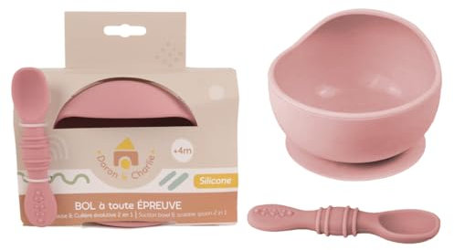 DORON & CHARLIE - Bol Ventouse Avec Cuillière 2 en 1 - Repas Enfant - 056750 - Beige - Silicone - 350 ml - Compatible Micro Onde - Machine à Laver - Facile à Nettoyer - À Partir de 4 mois