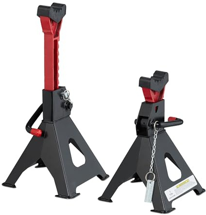 Relaxdays Unterstellbock 2er Set, 29-42 cm, Wagenheber höhenverstellbar, 3t Traglast, PKW, Wohnwagen, Stahl, schwarz/rot