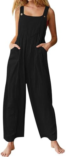HUNUBU Ladies Jumpsuit Travel Summer Straight Leg Cargo Airoft Trendy Oversized with Pockets Slacks Women Cotton Black XL