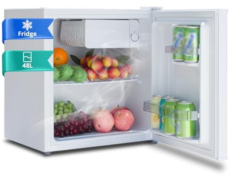 SMETA Mini Frigo 48L, Petit Frigo Silencieux 220-240V, Réfrigérateur avec Thermostat Réglable, Pieds Réglables, Porte Réversible et Petit Congélateur, Mini Bar, pour Chambre, le Bureau, 0-10℃, Blanc