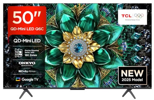 TCL 50Q6C 50”Classic QD-Mini LED Smart TV, 4K HDR Premium 1000nits, Powered by Google TV (Dolby Vision IQ & Atmos, Onkyo 2.1 Sound System, 144Hz Motion Clarity Pro, Game Master, Voice Control), Q6C