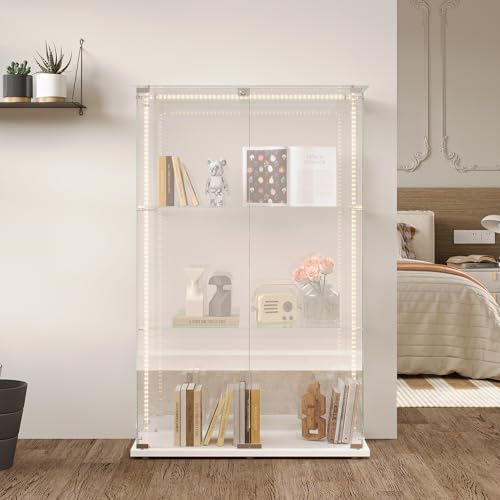 Poeahu Glasvitrine Standvitrine in Weiß, 78.5x35x123.3 cm, Modern Glas Vitrine mit LED-Leuchten, Stehend Schrank für Sammlung mit 2 Türen 3 Regalen, Für Wohnzimmer Schlafzimmer Büro (Weiß)