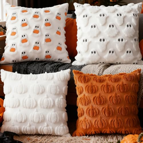 Halloween Kissenbezug 45 x 45 cm 4 Stück Weißer Geist Kürbis-Deko Orange Doppelseitiger Plüsch Kürbisse Halloween Dekoration Sofakissen für Wohnzimmer Sofa Garten Schlafzimmer Zierkissen Couchkissen