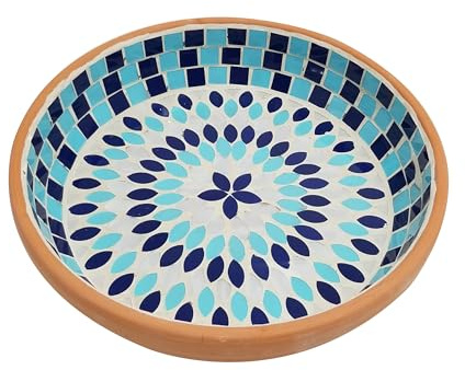 Dehner Natura Premium Vogeltränke Recife, Ø 25.5 cm, Höhe 6.3 cm, Terrakotta, blau/weiß