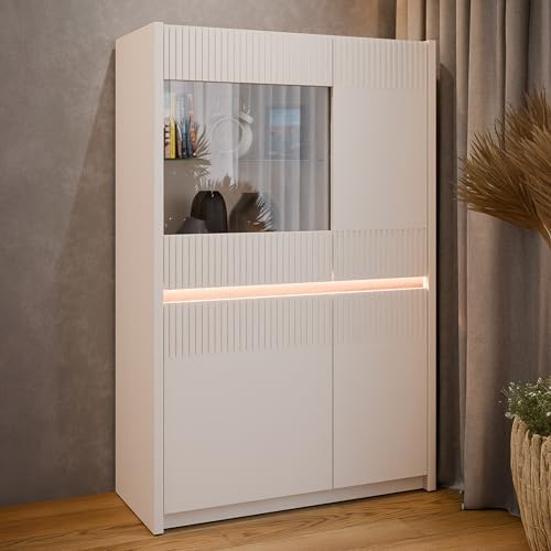 Forte Oak SQUERE Vitrine 90 100, Elegante Wohnzimmervitrine mit 4 Türen und Beleuchtung, Holzwerkstoff, Mauvella Eiche Holzdekor/Sand, 95,3 cm breit x 146,7 cm hoch x 41,5 cm tief