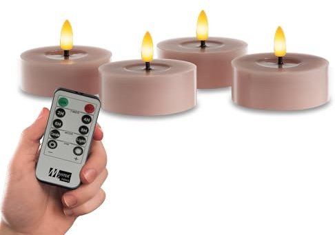 Meisterhome Lot de 4 bougies chauffe-plat LED violettes - Sans flamme avec lumière vacillante - Diamètre 7 cm - Hauteur 3 cm - En cire véritable - Avec minuterie et télécommande - Fonctionne avec