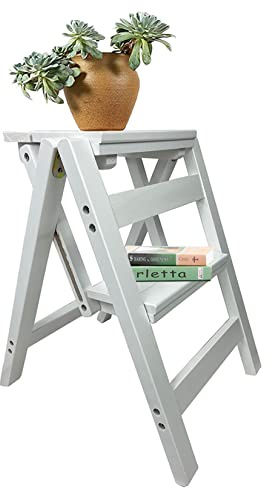 Aioneer Stepladder, Wooden Stepping Stool For Adult, 2 Step Ladder Stools With Anti-Slip Wide Pedal, Folding Chair For Home Living Room Kitchen Library Office-White