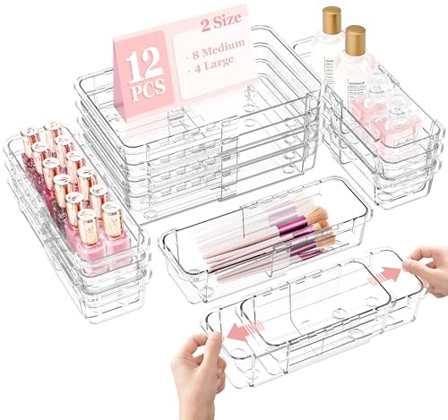 12 Pcs Clear Extendable Drawer Organiser, LINYAPRY Adjustable Drawer Storage 2-Size Desk Drawer Organiser, Plastic Non-Slip Storage Bins for Makeup, Cosmetic, Jewelries, Utensils, Stationery, Dressers